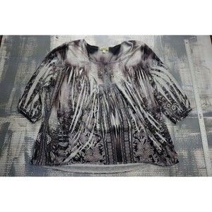 One world blouse womens 2X black gray  sequin paisley boho loose fit 3/4 sleeve